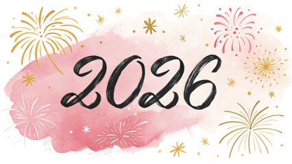 Colorful illustration for the year 2026 featuring a watercolor pink background and festive golden and pink fireworks, perfect for New Year's greetings and cards