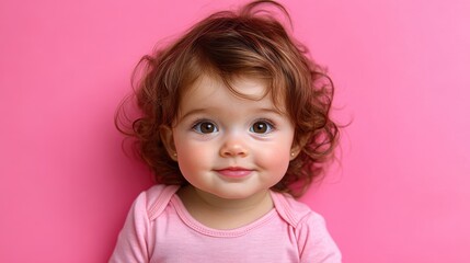 A charming young child, around one or two years old, looks directly at the viewer with a soft smile. The toddler wears a pink outfit against a vibrant pink backdrop
