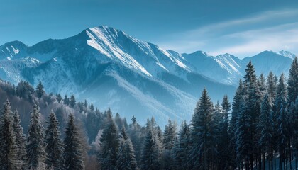 Stunning Winter Mountain Landscape: Majestic Mountains With Forest Backdrop, Ideal For Christmas, New Year, Or Winter Sports On A Snowy Day In Nature.