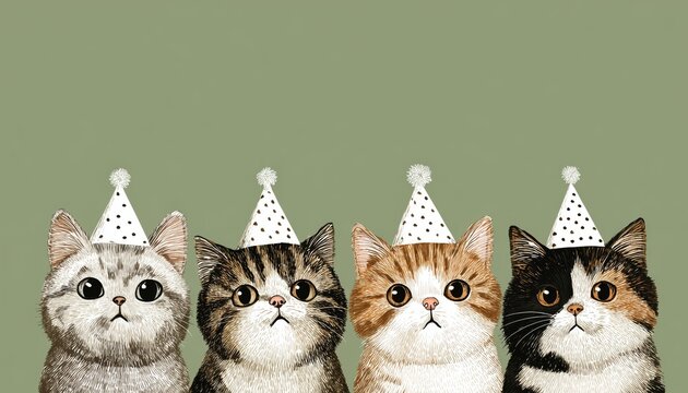 Cheerful Purrfect Birthday Card Featuring Four Cute Kitty Cat Faces Wearing Party Hats For A Fun Pet Party Celebration