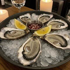 Fresh raw oysters on crushed ice with lemon wedges and mignonette sauce, elegant seafood platter for fine dining, luxury events, or gourmet culinary content