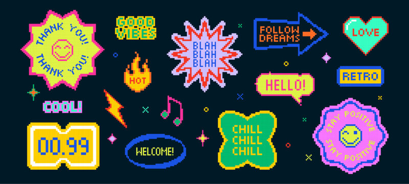 Pixel y2k retro stickers set. Abstract vector icon elements in vaporwave acid style. Geometric 8bit frame shapes in pixel art style. Digital brutalist techno bitmap badge symbols collection. Isolated