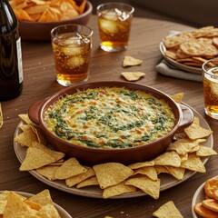 Baked spinach artichoke dip with melted cheese and tortilla chips, cozy comfort food scene for game day snacks, party spreads, or casual dining promotions