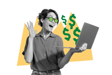 Composite photo collage of happy businesswoman girl hold laptop receive dollar income cash jackpot wave hand isolated on painted background