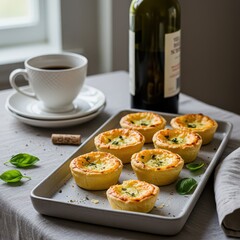 Mini cheese quiches on baking tray with coffee and wine, elegant brunch or tea-time food for café menus, home gatherings, or cozy breakfast content