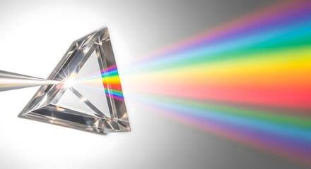 A prism disperses white light into a spectrum of colors creating a rainbow effect on a graywhite background