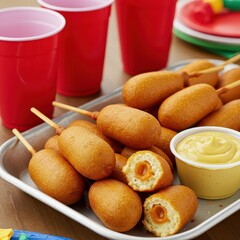 Classic corn dogs on tray with yellow mustard, red solo cups in background, perfect for fair food, party snacks, American cuisine, or childhood comfort food content