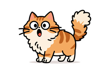 A cartoon illustration of a fluffy orange tabby cat with wide eyes and an open mouth, looking surprised.