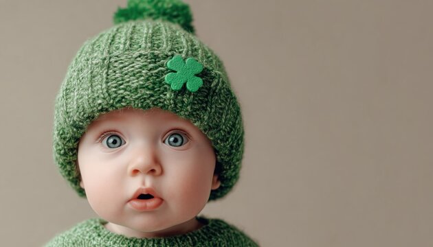 Amusing Baby Celebrates St. Patrick'S Day In A Green Hat Adorned With A Shamrock, Spreading Joy And Cheer Everywhere.