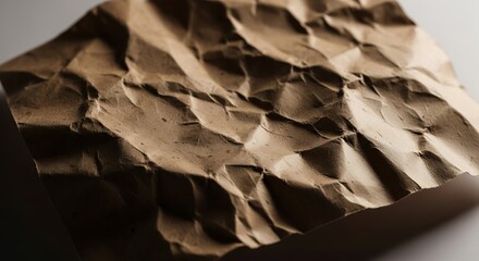 Wrinkled brown paper sheet with rough edges and creases under dim lighting