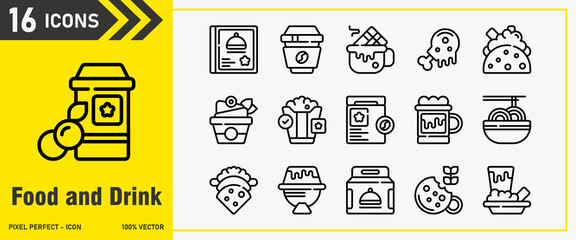 Food and Drink icon set. Editable Stroke Icon Collection. fruit juice, taco, noodle, rice bowl, book. Outline icons, icon interface, icon pack, vector collection.