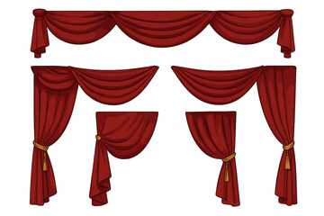 Red theatre curtain set. Realistic vector illustration of luxury stage drapery. Classic silk curtains and valance for performance, show or cinema. Isolated collection.