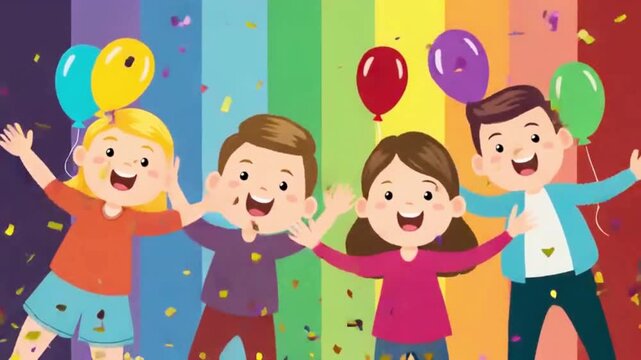 A cartoon family of four cheering with balloons and confetti falling around them