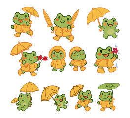 Cute Frog Doodle Cartoon Set Rain Coat Umbrella