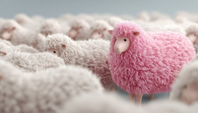 Dare To Stand Out: Cute And Funny Pink Sheep Standing Out Among Dull White Ones With 'Be Yourself' Lettering