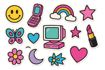 Trendy Y2K girly sticker set with 90s retro nostalgia. Vector cartoon halftone elements collection. Cute torn paper design with computer, phone, rainbow, and heart.