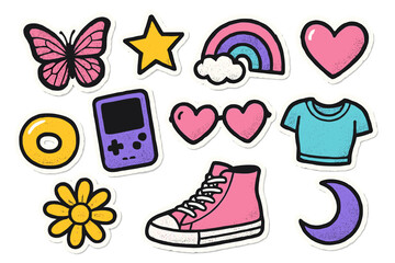 Trendy 90s nostalgia sticker set with girly Y2K elements. Vector cartoon collage of retro patches with halftone texture. Includes butterfly, rainbow, heart and sneaker.