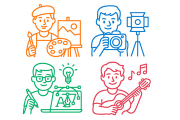 Creative professions icon set. Artist painter, photographer, graphic designer, musician characters. Color line art vector illustration. Creativity, hobby, job, career concept.