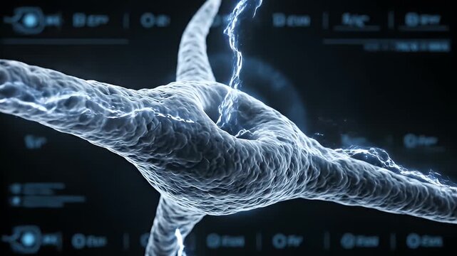 Close-up 3D animation of a neuron with electrical impulses firing across its synapse