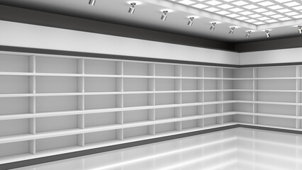 Store interior with empty shelves along the walls and LED spotlights ceiling. 3d illustration