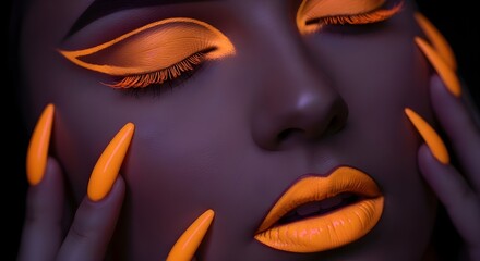 Fototapeta premium Close-up of Woman's Face with Dramatic Glowing Neon Orange Makeup and Nails under UV Light isolated PNG with Transparent Background
