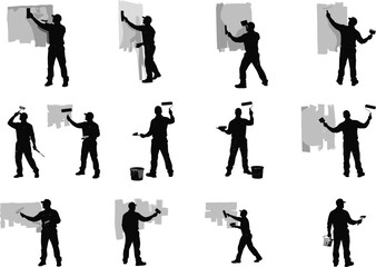 painter, painting, wall, roller, brush, bucket, worker, labor, job, renovation, construction, silhouette, home, improvement, interior, design, work, tool, activity, occupation