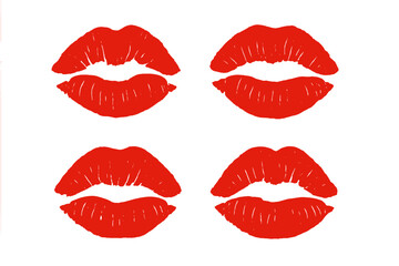 Obraz premium Vector set of red lipstick kiss marks. Collection of female mouth prints. Grunge texture lips imprint for romantic design, Valentine's day card, beauty and cosmetics concept.