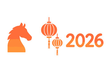 Chinese New Year 2026, Year of the Horse. Vector illustration with horse silhouette, zodiac symbol, and Asian lanterns. Minimalist gradient design for greeting card or banner.