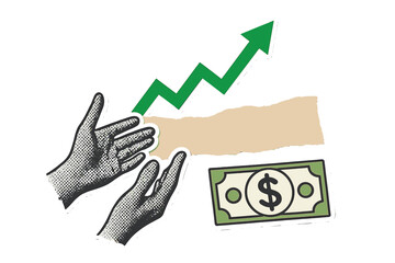 Finance concept collage with punk rock halftone hands. Metaphor of growing stock market, money profit and cash investment. Torn paper sticker style banner for success.