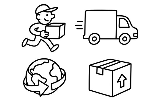 Delivery service icon set doodle concept. Fast shipping vector cartoon illustration. Courier running with package, transport truck, worldwide shipping, cargo box line art symbols. - Powered by Adobe