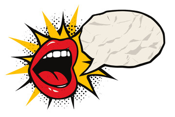 Pop art screaming mouth with empty crumpled paper speech bubble. Retro comic halftone vector illustration. Woman shouting announcement for marketing, advertising or sale.