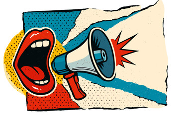 Pop art collage with a screaming mouth and megaphone. Retro comic style for protest or breaking news announcement. Advertising banner with halftone texture and copy space.