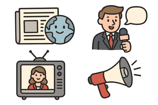 Media and communication icon set. News reporter, television broadcast, newspaper, and megaphone for announcements. Journalism and press concept. Global information vector.