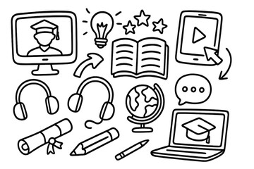 E-learning and online education doodle icon set. Hand drawn vector cartoon illustration concept for webinar, digital course, school study, and graduation. Isolated elements.