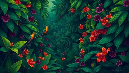 Fototapeta premium Birds in lush tropical jungle nature scene vibrant flora serene environment close-up view