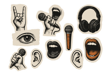 Rock music karaoke halftone collage elements set. Vector illustration pack of retro grunge stickers with hand horn sign, singing mouth, microphone, headphones, eye, ear.