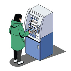 A young woman with brown hair uses an ATM. She wears a yellow jacket and backpack. Clean, modern design. Perfect for finance, banking, or lifestyle concepts.