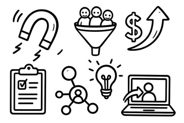 Hand-drawn business doodle icon set. Concepts for investment, marketing strategy, lead generation magnet, sales funnel, profit growth, innovation idea, and project planning.