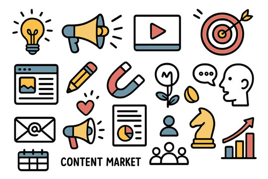 Content marketing doodle icon set. Vector cartoon illustration for digital business strategy, social media, SEO, advertising, promotion, customer engagement, and lead generation.