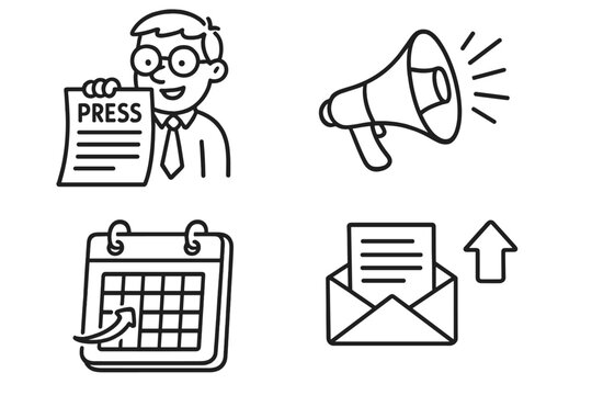 Press release icon set for PR and media communication. Vector line art illustration of journalist, megaphone announcement, publication schedule and news submission concept.