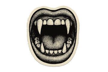 Vampire open mouth with fangs for Halloween. Horror monster teeth scream. Retro halftone dot illustration in 90s zine collage paper cutout style. Vector cartoon graphic.
