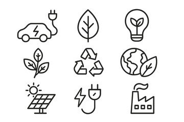 Ecology line icon set for green energy. Eco friendly concepts. Vector collection with electric car, solar panel, recycling, leaf, and planet earth symbols for sustainability.