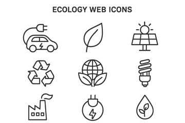 Ecology icon set. Green energy, sustainability concepts. Thin line symbols for environment, recycling, organic power. Electric car, solar panel, eco friendly vector signs.