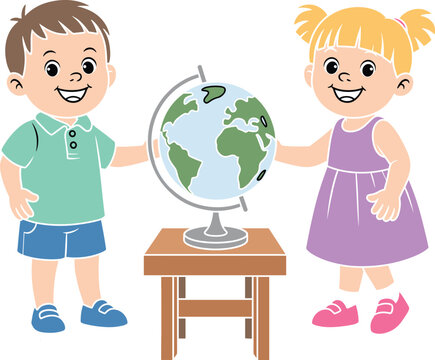 Children, globe, geography, education, learning, classroom, map, school, kids, exploration, global awareness, cartoon, illustration, table, boy, girl, smiling, ponytails, interaction, continents - Powered by Adobe