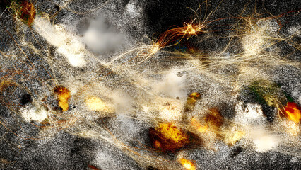 Golden and silver glitter dancing in a swirling storm, vibrant electric energy crackling in the air