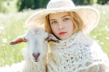 A model wearing a hat and a sheep's wool shawl next to a white sheep. Advertising products made from sheep's wool. 