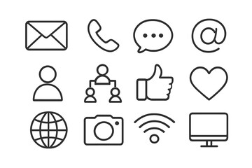 Social media icons set. Line art web symbols for contact, communication, and technology. Digital network vector signs for website and app UI. Like, mail, phone, and chat buttons.