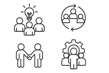 Teamwork and collaboration icons, business people support and cooperation symbols set, vector line style illustration for teamwork concept, partnership and group work design
