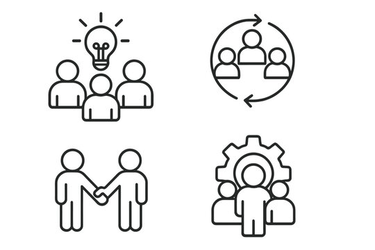 Teamwork and collaboration icons, business people support and cooperation symbols set, vector line style illustration for teamwork concept, partnership and group work design