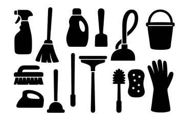 Simple cleaning tools silhouette collection for household chores. Vector icons set with broom, brush, sponge, glove for housekeeping, cleaning service, and janitorial design.